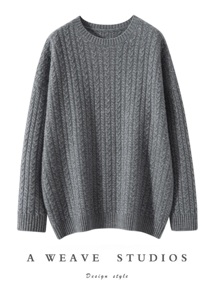 

Women's O-neck Twist Flower Pullover Sweater 100% Cashmere Knitwear Autumn Winter Loose Long Sleeve Vintage Female Clothing Tops