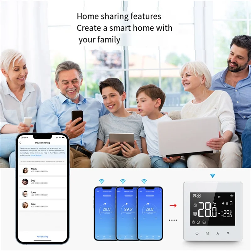 Tuya Wifi 온도 조절기 가스 보일러 용 스마트 홈 배터리 구동 온도 컨트롤러는 음성 보조 장치와 함께 작동합니다. 흰색 ABS