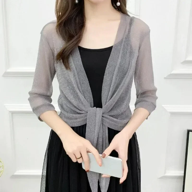 Autumn Women's Sheer Glitter Lace-up Cardigan Half Sleeve Summer Lightweight Jacket See-through Loose Blouse Women