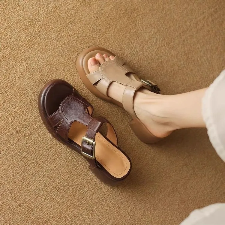 

Women's Real Belt Buckle Decoration Word Drag 2025 Summer New Casual Fashion Design Breathable Square Slippers Zapatos Mujer