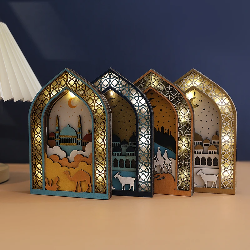 

Eid Mubark LED Lamp Moon Mosque Night Light Wooden Ornament Ramadan Kareem Home Table Decor Islamic Muslim Festival Party Supply