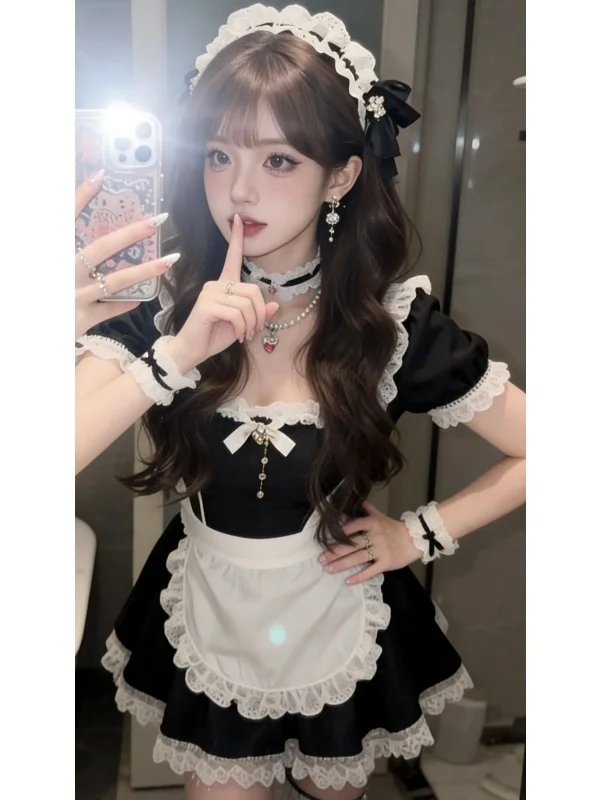 Pure Desire Maid Uniform Short Sleeve Puffy Skirt Dress Sweet Princess Style Fashion Set for Women Breathable Polyester Fabric