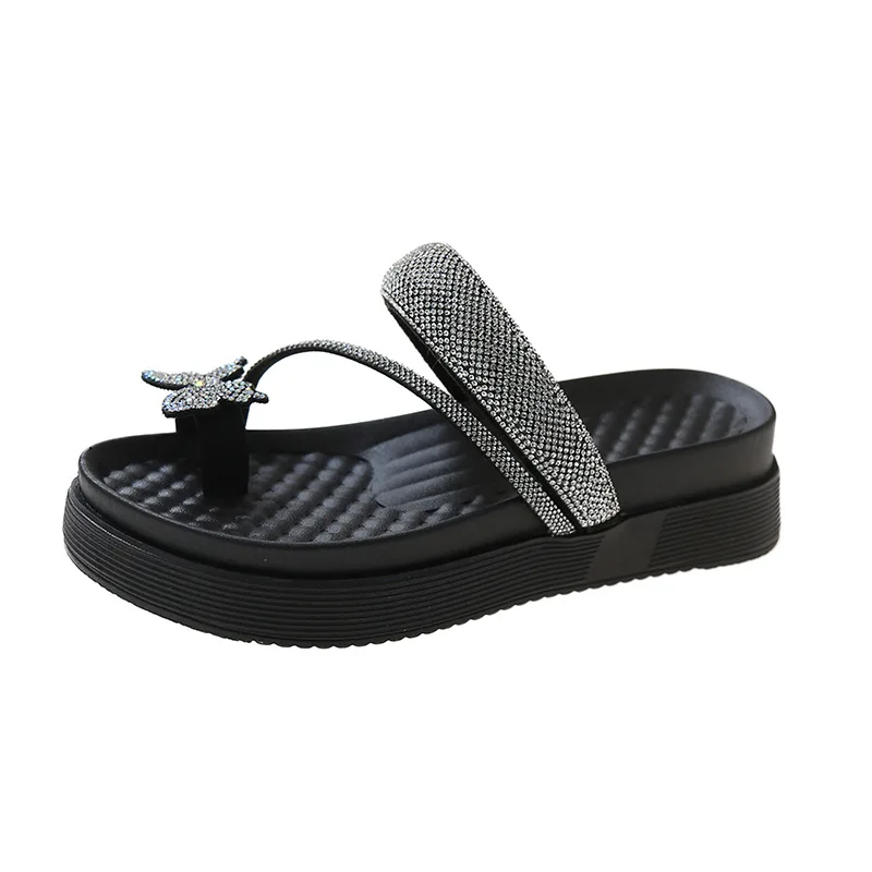 Zapatillas de espiga con lazo de diamantes de imitación para mujer, zapatillas cómodas y antideslizantes para el hogar y actividades al aire libre, novedad de verano