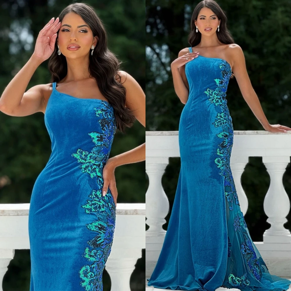

Customized Fashion Velour One Shoulder Evening Dress Exquisite Sequined Prom Dresses Luxury Sweep Train Special Occasion Gowns
