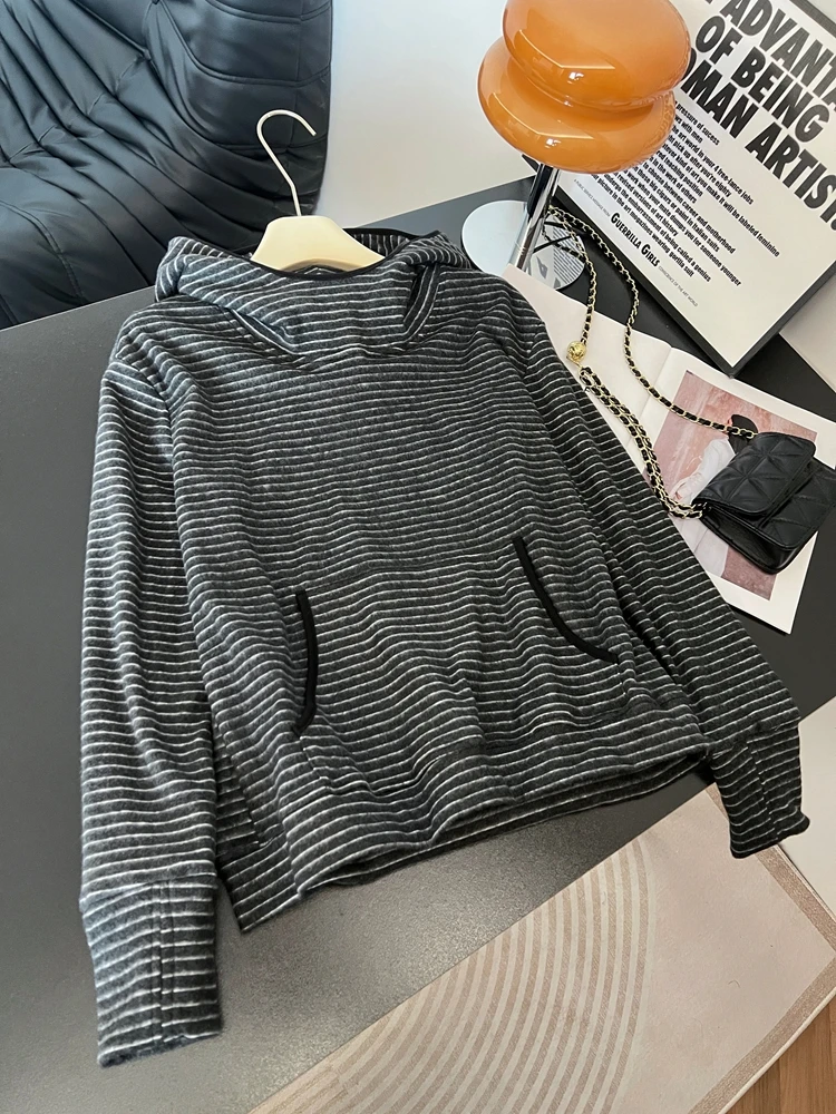 

plus Size Striped Lazy Rabbit Fur Hoodie Long Sve Women's Autumn Winter Loose Slimming Design Sense Top Casual Comfortable