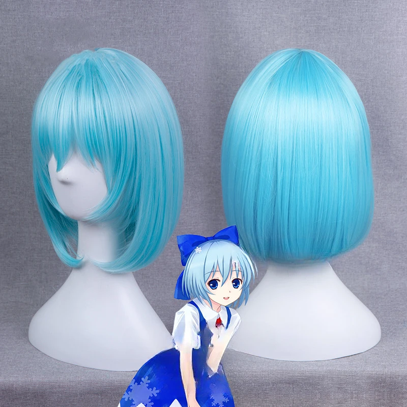 TouHou Project Cirno Cosplay Blue Wig Short Curly Heat Resistant Synthetic Hair for Women Costume Gift