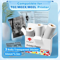 3 Rolls Phomemo White Sticker Paper Thermal Label for T02 M02L Portabal Mini Printer Clear Transparnets Sticky Paper 50mm/53mm