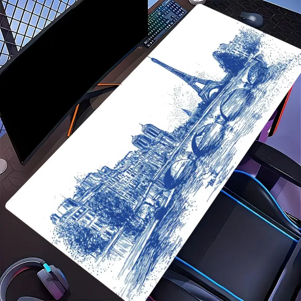 Paris Eiffel Tower Large Gaming Mouse Pad XXL Hand Drawn Sketch Desk Mat Non-Slip Rubber Keyboard Mat Office Desktop Table Mat