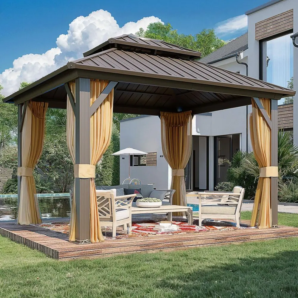 

10x12 Hardtop Gazebo, Metal Double Roof Aluminum Gazebos with Curtain and Netting,Brown Permanent Galvanized Steel Pavilion for