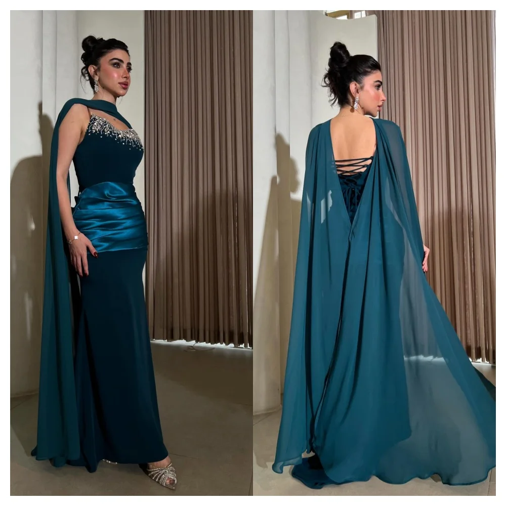 

Customized Exquisite Green Chiffon Evening Dress Elegant Square Collar Spaghetti Straps Sleeveless Party Dress Soft Prom Dress