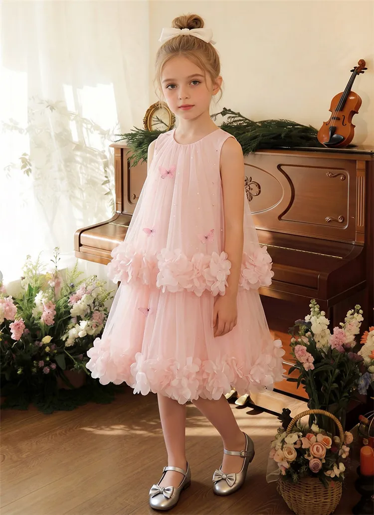 

New Baby Summer Girls Teenage Pink Floral Mesh Dress, Princess Kids Fashion Holiday Dresses 5- 12 T
