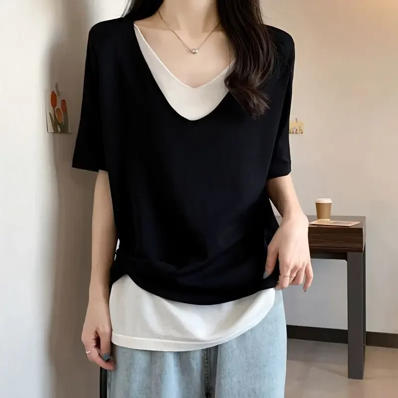 Camisetas informales holgadas y elegantes para mujer, jerséis de moda de Color sólido con retazos de manga corta y cuello en V, ropa para mujer JJ352