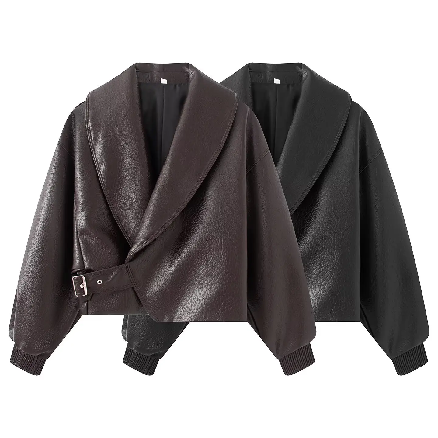 Women Faux Leather Cropped Jacket Asymmetric Wrap Luxury Coat Buckle Belt Short Moto Biker Outerwear Autumn Fashion Streetwear