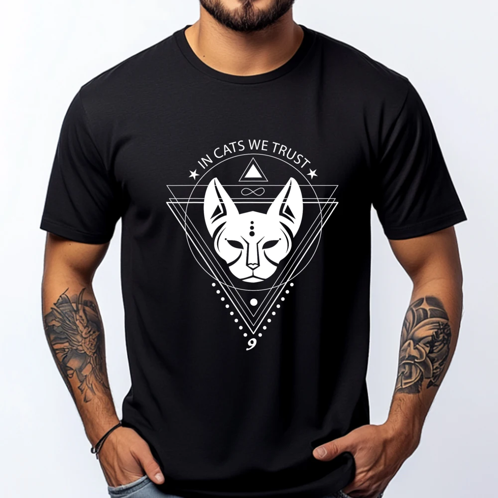 

In Cats We Trust Sarcastic Cat Sphynx Joke Cat Lovers Funny T Shirts Men Men's Shirt Graphic Short Sleeve Gothic Style