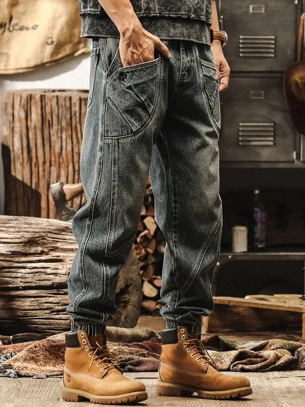 Retro American Classic Faded Jeans Men's Spring Autumn New Trend Workwear Casual Pants mid Waist Pocket Youth Popular