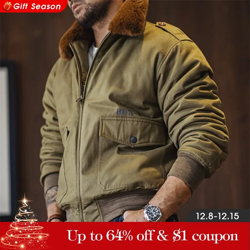 Maden Vintage B10 Bomber Jacket Zippered Cotton Flight Coat with Fur Collar Lapel Pockets Green Cotton Jacket for Men\'s Winter