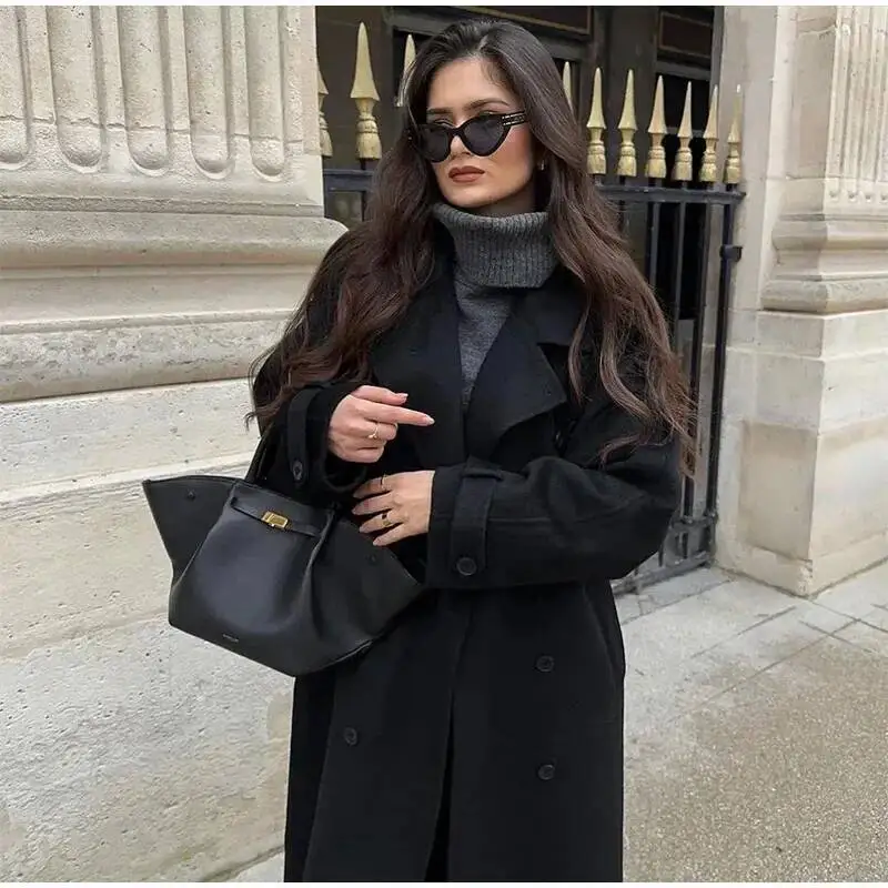 Elegant Grey Belt Long Faux Wollen Coat Women Lapel Double Breasted Street Coats Female 2025 Autumn Winter New Lady Peacoat