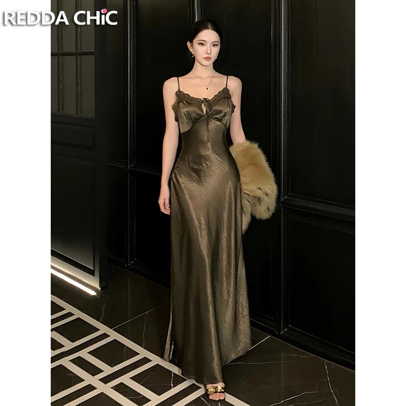 

REDDACHiC Retro Satin Camisole Dress Women Slim Spaghetti Straps Lace Trim Bandage Glossy Mermaid Maxi Dress Sexy Summer Clothes