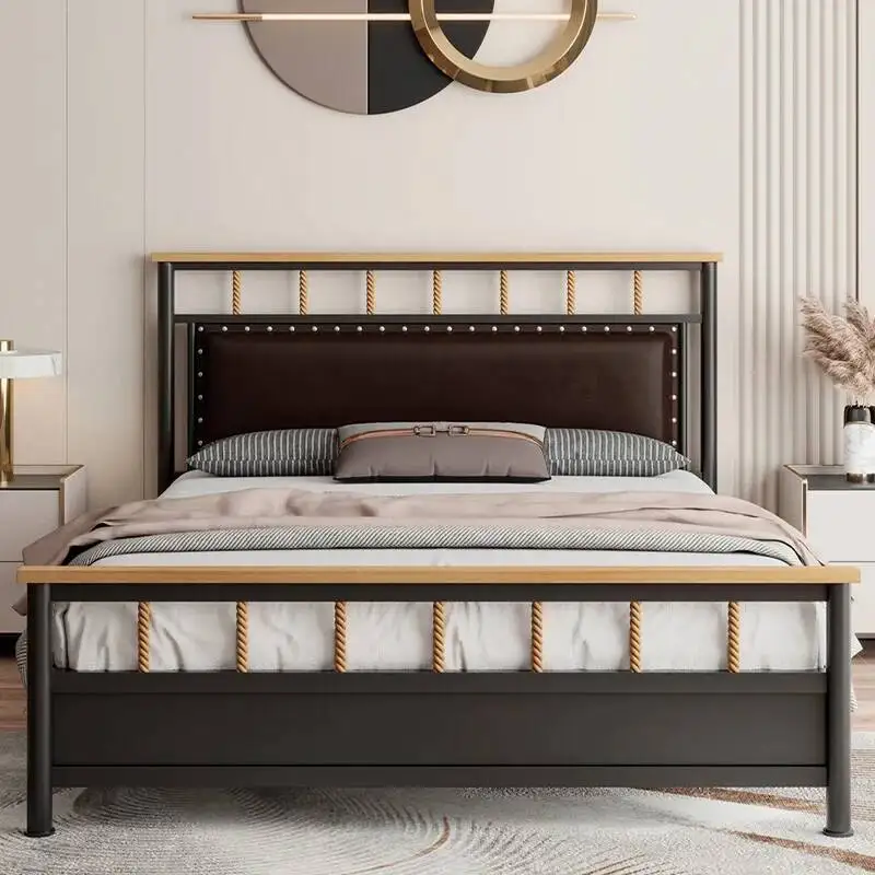 Modern Metal Bed Frame Sturdy Wood Mattress Base with High Backrest Vintage Simple Bed Bases for Bedroom Stylish Mattress Pallet