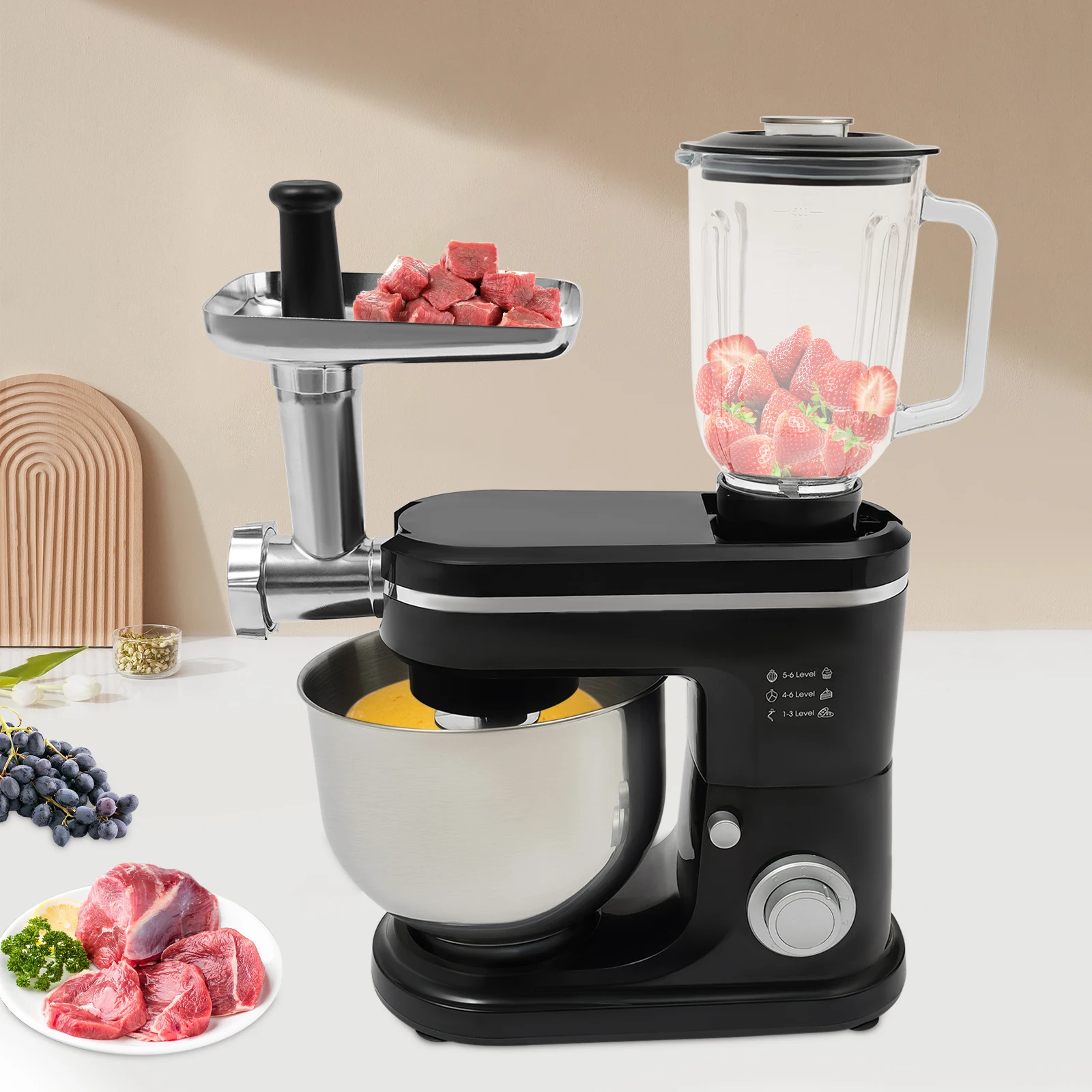 1500W Stand Mixer Keuken Elektrische Mixer 6L Kom met 3 Bijlagen Keukenmachine 6 + 1 Snelheid Glazen Keuken assistent