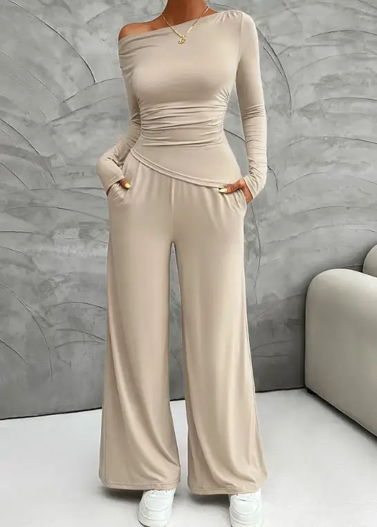 

Women's Set 2026 Spring Slim Fit Fashion Sexy Slanted Neck Asymmetrical Long Sleeved T-Shirt and High Waist Wide Leg Pants Set