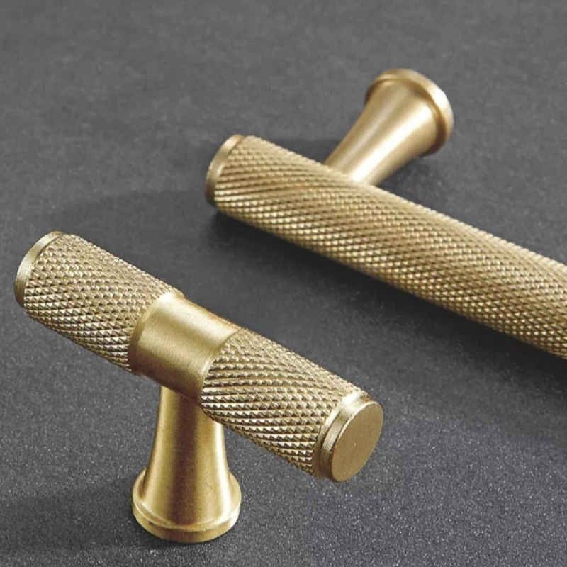 Door Handle Solid Brushed Brass Handle Cross Knurled Kitchen Cabinet Pulls T-bar Knobs Wardrobe Drawer Knob Wardrobe Handles