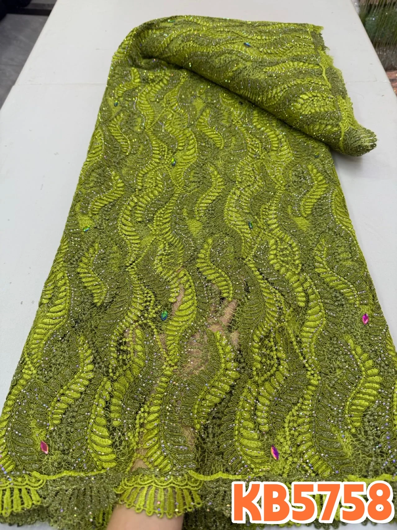 Plastic Rhinestones Oliver Green Beaded French Mesh Lace Fabric Sequins Embroidered Lace Fabric for Wedding Dress KB5758