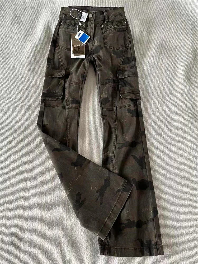 American High Street Vintage Spicy Girl Camouflage Flared Jeans Women's Spring Autumn Tall Extended Workwear Low Waist Pants