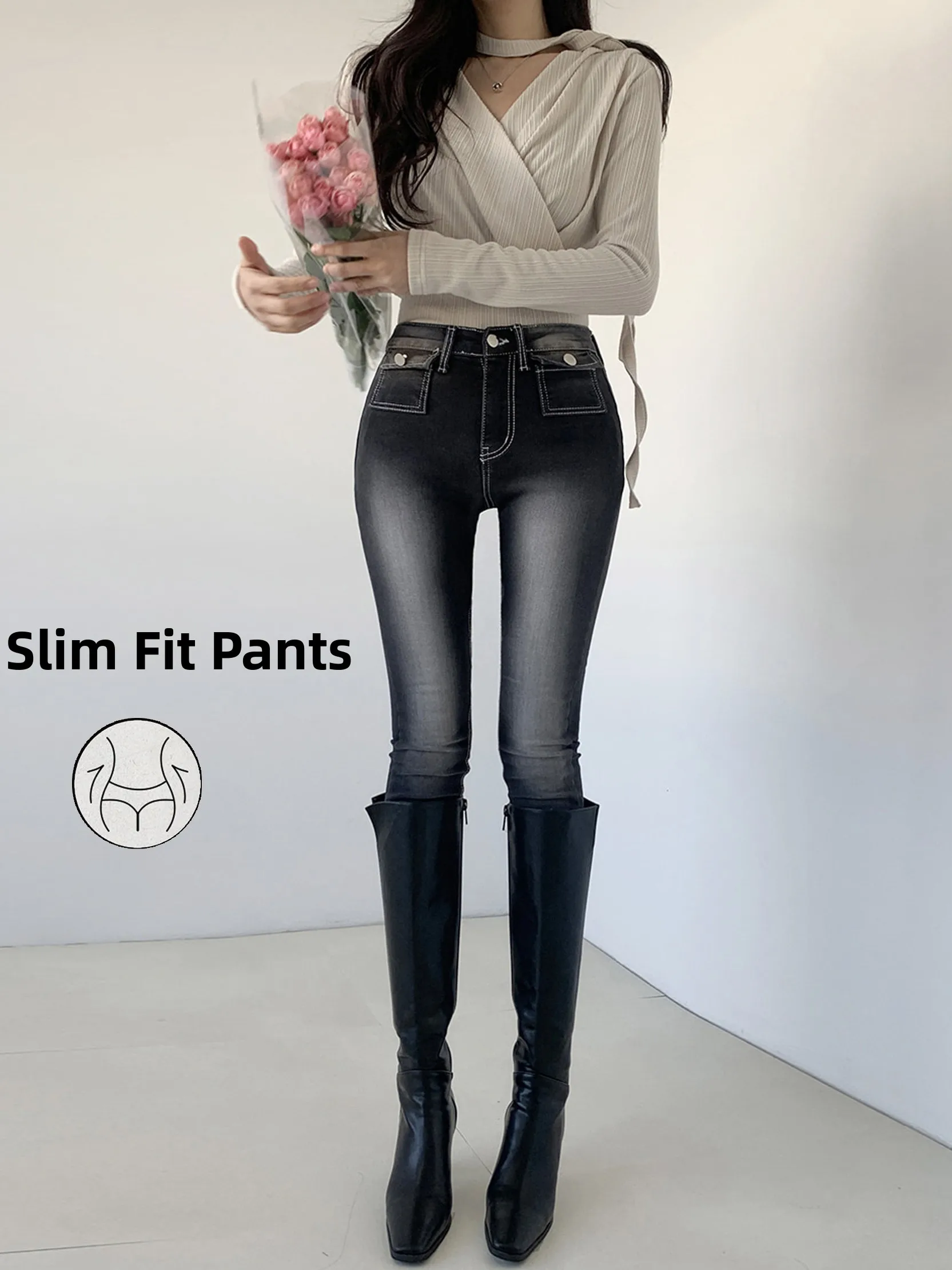 

High Waist Nine-Piece Denim Jeans Women's Slim Fit Jeans with Hip Padding Korean Sle Faded Effect Spring Summer Autumn