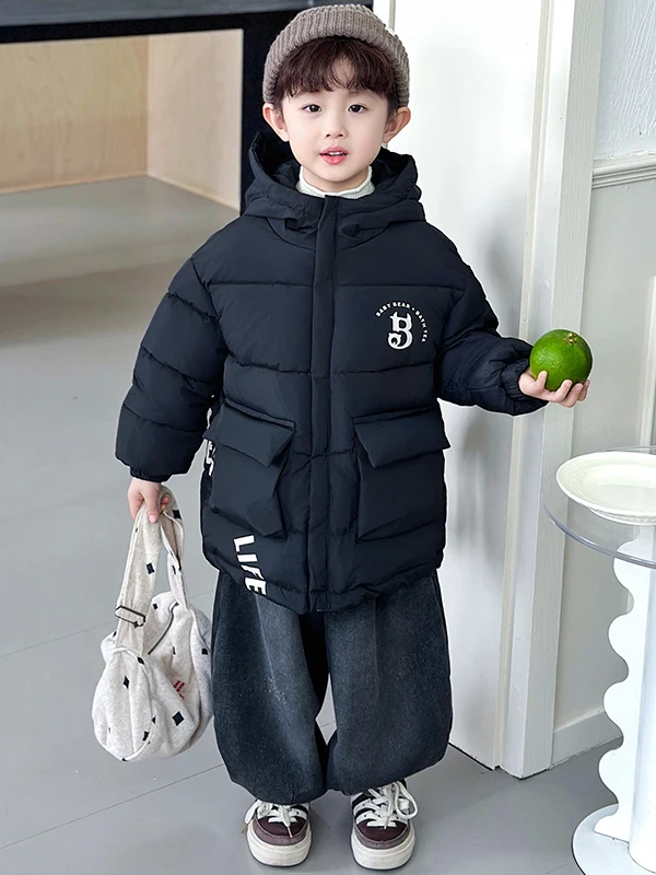 

Хлопковое пальто с дизайном Thiened Bear для мальчиков, зимнее пальто, молодежное модное теплое длинное пальто с капюшоном на молнии све