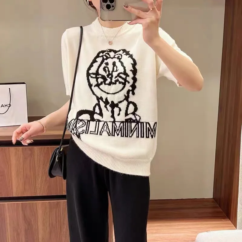 Little Lion short sleeve sweater for women early spring 2022 new chic top niche short half sleeve bottom shirt