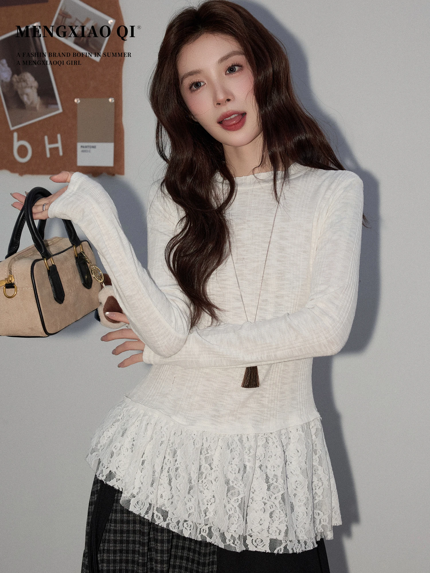 

Meng Xiaoqi Women's Lace Splice Slim Fit Base irt Casual Sle Long Sve Inner Wear Top Irregular Design Autumn Winter