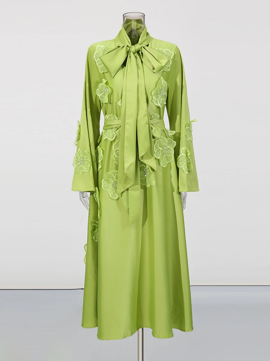 Twotwinstyle sólido emendado apliques vestidos soltos para mulheres o pescoço manga longa cintura alta temperamento vestido moda feminina nova