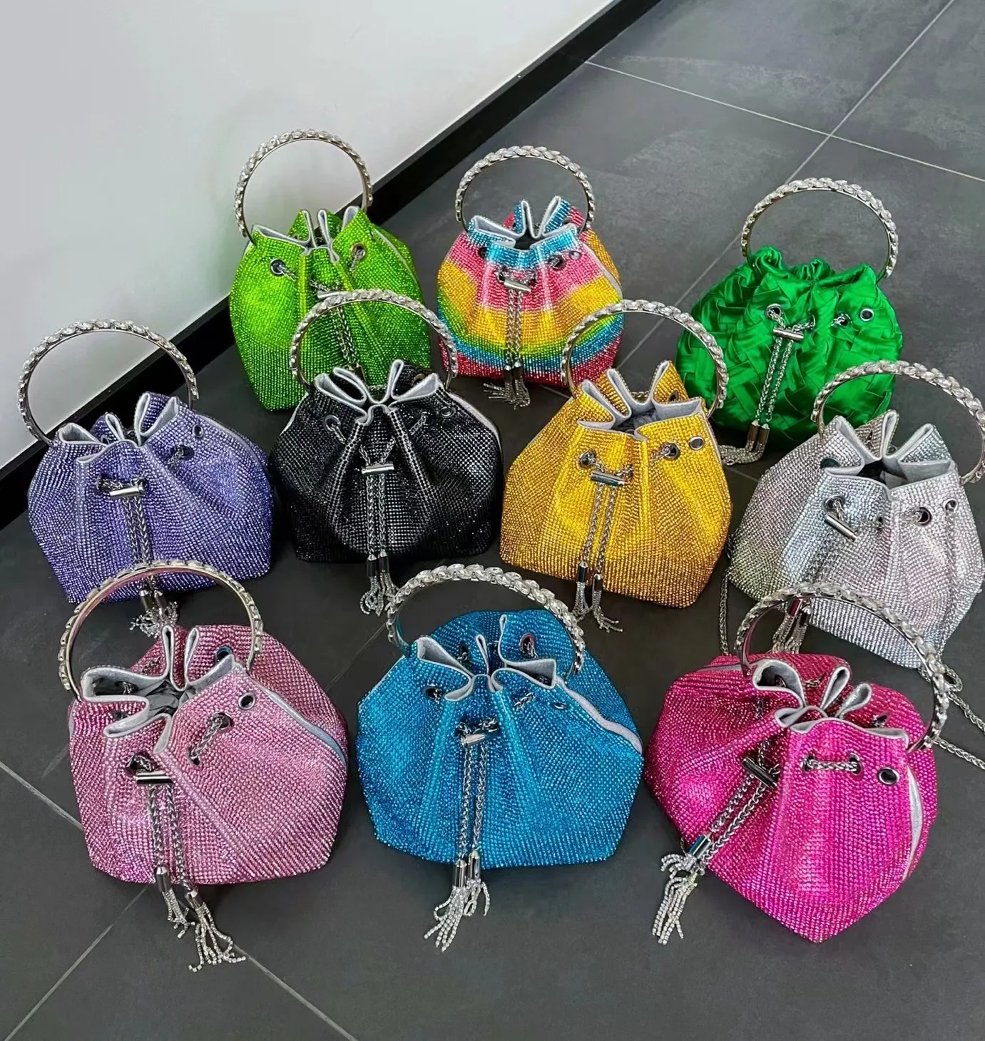 Colorful Crystal Shiny Rhinestone Diamond Evening Clutch Bag Wedding Party Bucket Purse Women Handbag Shoulder Messenger Bag