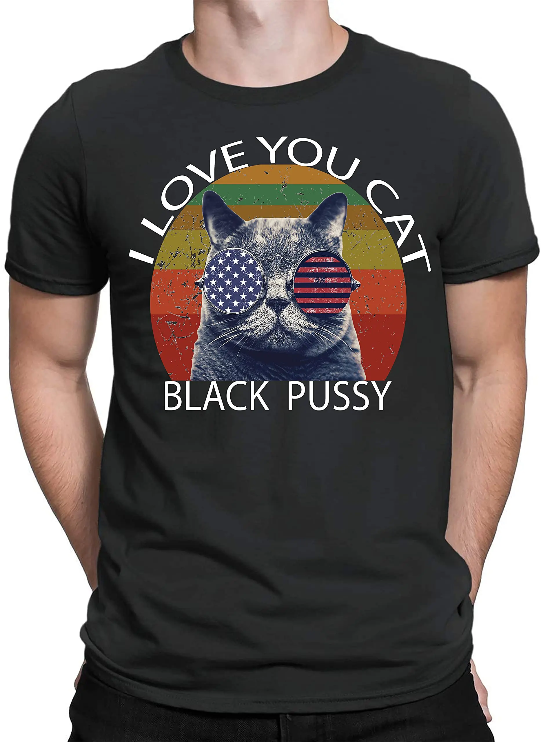 Men's Vintage Tshirts, I Love You Cat Black Pussy America Flag Shirt, Gift for Men Women T Shirt BlackGraphic Y2K High quality b