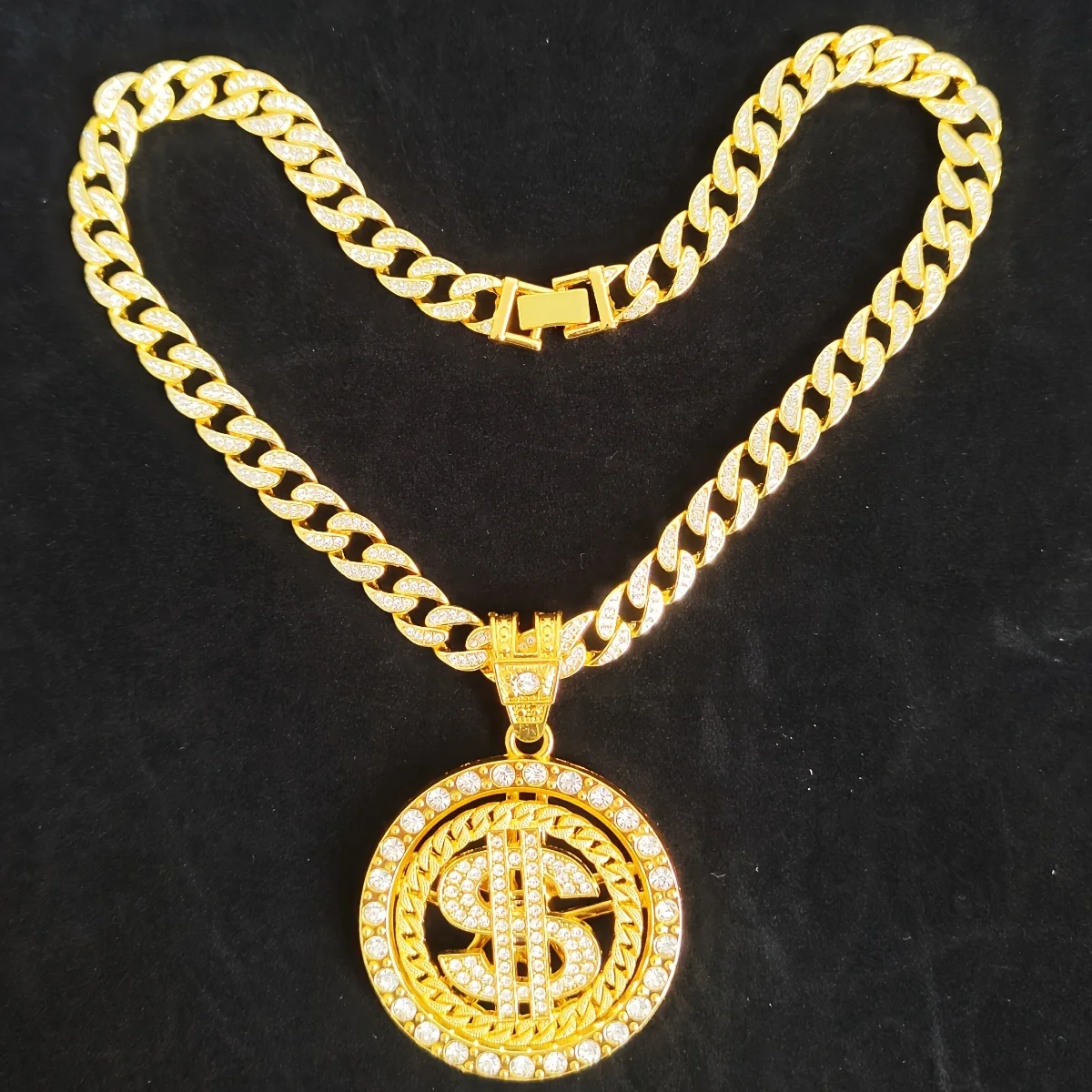 18k Fill Gold Hip Hop Diamond Round Dollar Symbol Cuban Chain Alloy 18K Plated Men's Punk Trendy Personality