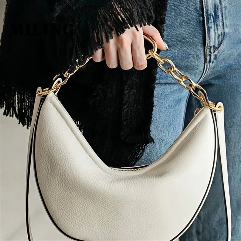 

Women Half Moon Shoulder Bag Soft Leather Handbags Fashion Design Underarm Bag Female Top Zip Small Hobo Bag With Golden Chain