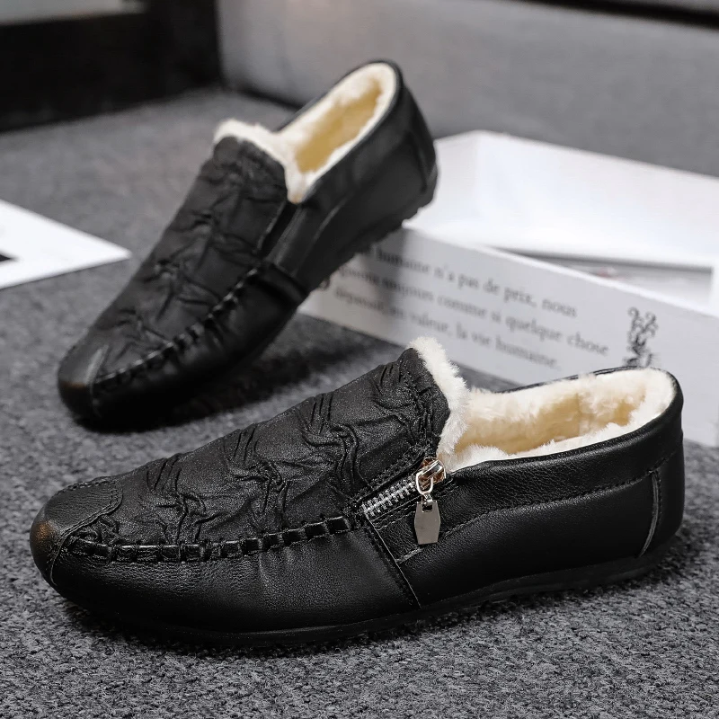 

Men's Winter Fleece Lined Slip-On Loafers Driving Soft Bottom Casual Leather Shoes Black Business Style Youth Trend PU Material