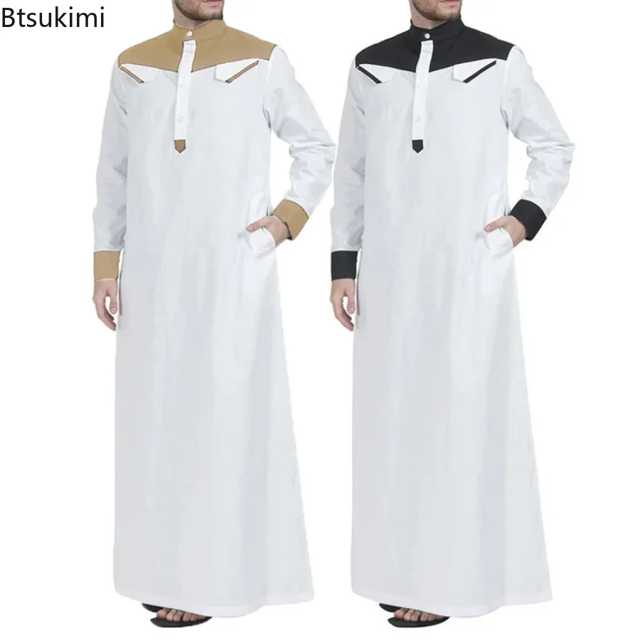 2024 Muslim Thobe Comfortable Men Caftan Long Sleeve Contrast Color Muslim Clothing Mandarin Neck Muslim Robe for Middle East