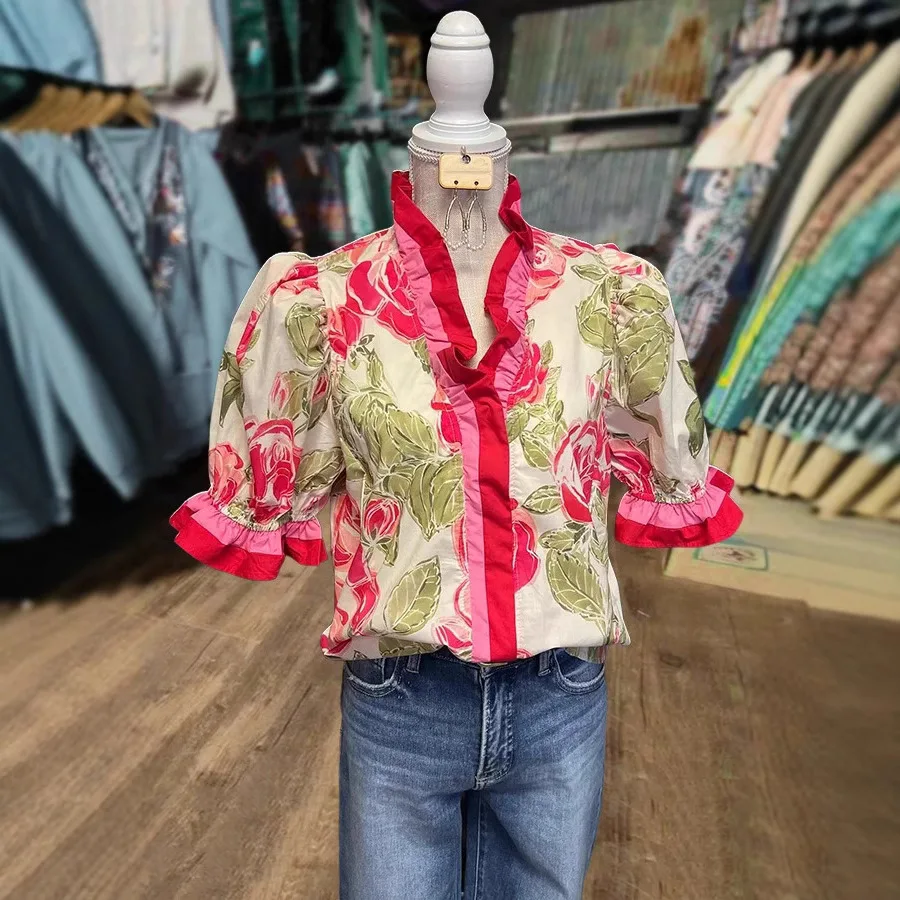 قميص نسائي صيفي بأكمام قصيرة ورقبة على شكل حرف V مطبوع بلوزات Mujer Hemd Damen Blusas Mujer