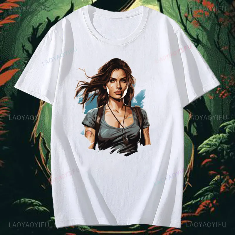 Tomb Raider Lara Croft Printed T-shirt Character Women Cotton T-shirts Portrait Retro Lovely Young Girls Popular Fashion Tops