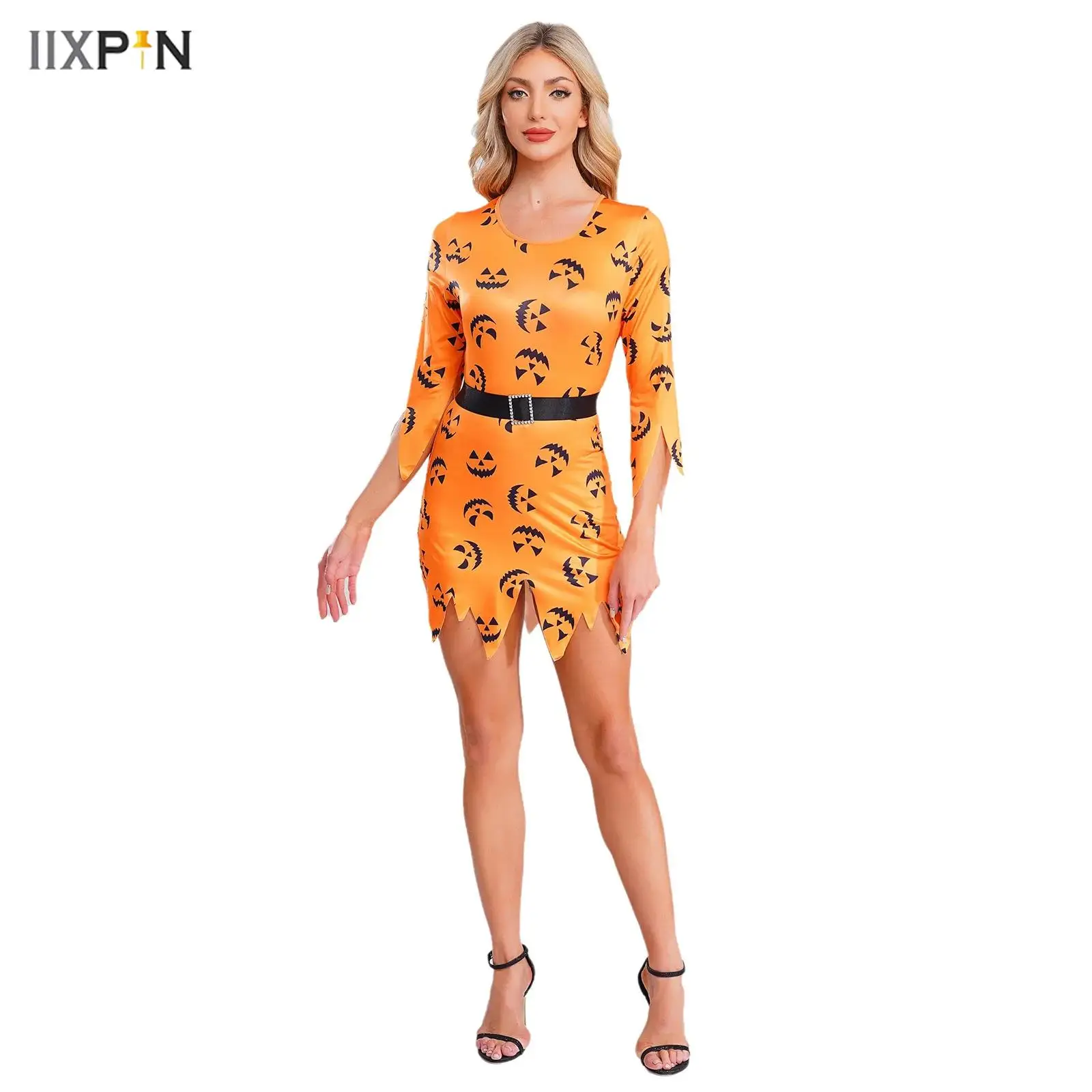

Womens Halloween Spooky Pumpkin Printed Mini Dress Crew Neck Long Sleeve Jagged Trim Bodycon Dress for Party Raves NightClub