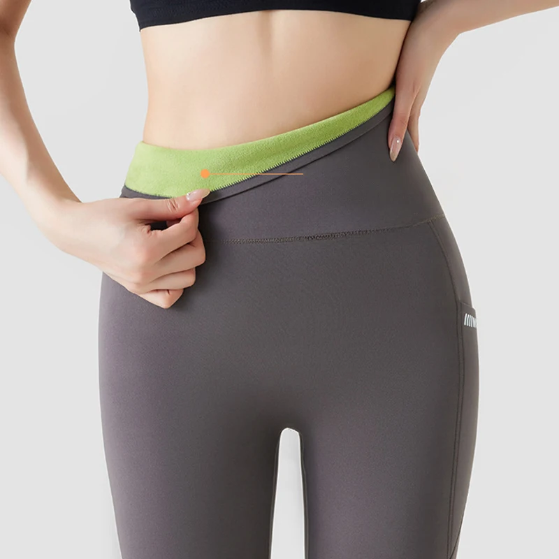 Women Side Pocket Fitness Cycling Leggings Fall Winter Thicken Fleece Sports Yoga Leggings Shark Skin Nude Feeling Leggings Lady