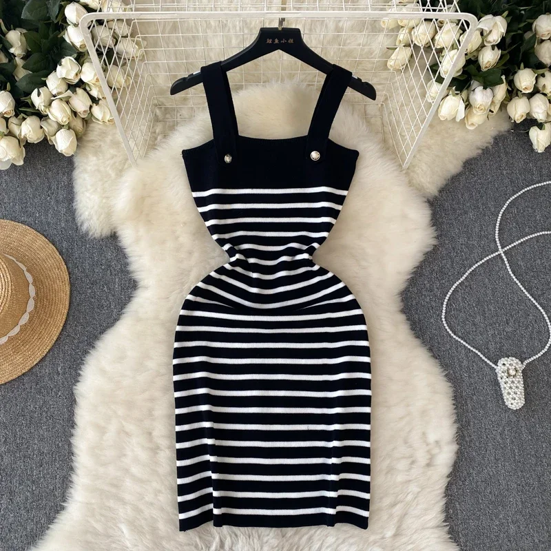Striple 2024 Sexy Summer Knit Strap Dress Women Tank Elatic Waist Bodycon Sundress Female Beach  Backless Midi Dress