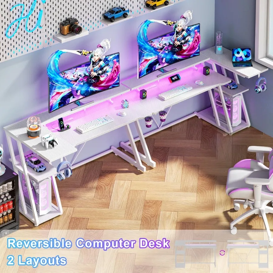 مكتب ألعاب أبيض مقاس 55 بوصة مع مخرج طاقة وأضواء LED مكتب كمبيوتر على شكل حرف L يتميز بأرفف تخزين من 3 طبقات قابلة للعكس #3