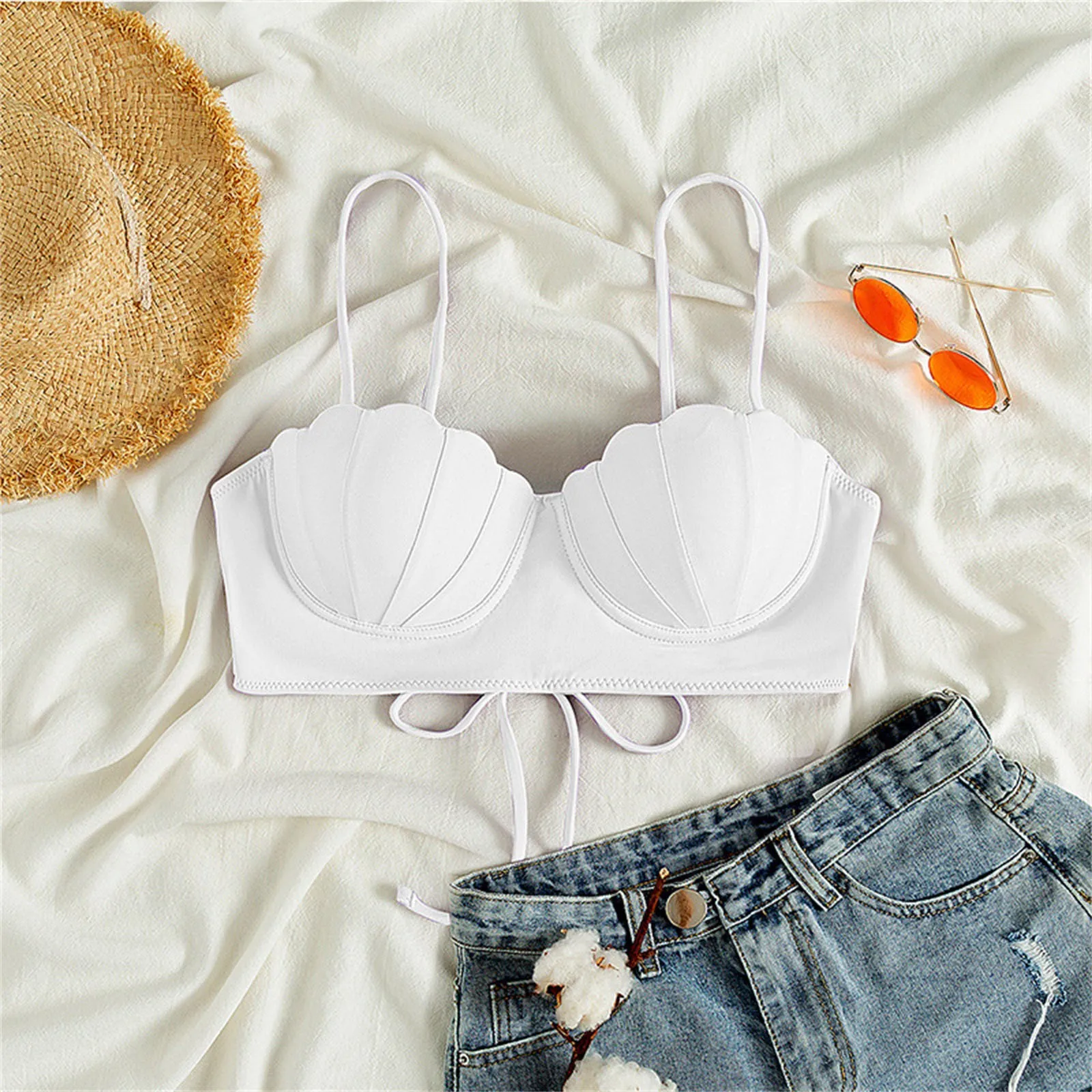 Women Bikini Bra Push Up Padded with Wire Spaghetti Strap Solid Color Swimming Seashell Shape Lace Up Beach Swimming Top Women