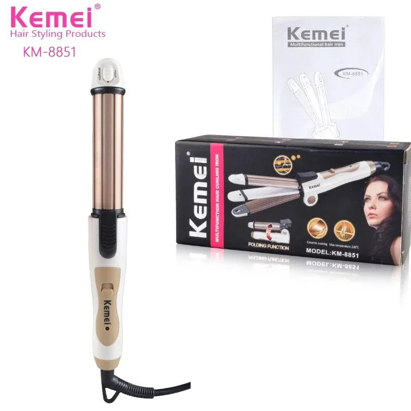 Kemei-Modelador de cabelo elétrico, Waver e alisador de cabelo, Cabelo Curling Iron, Modelador de cabelo, Hotcomb, KM-8851, 3in 1