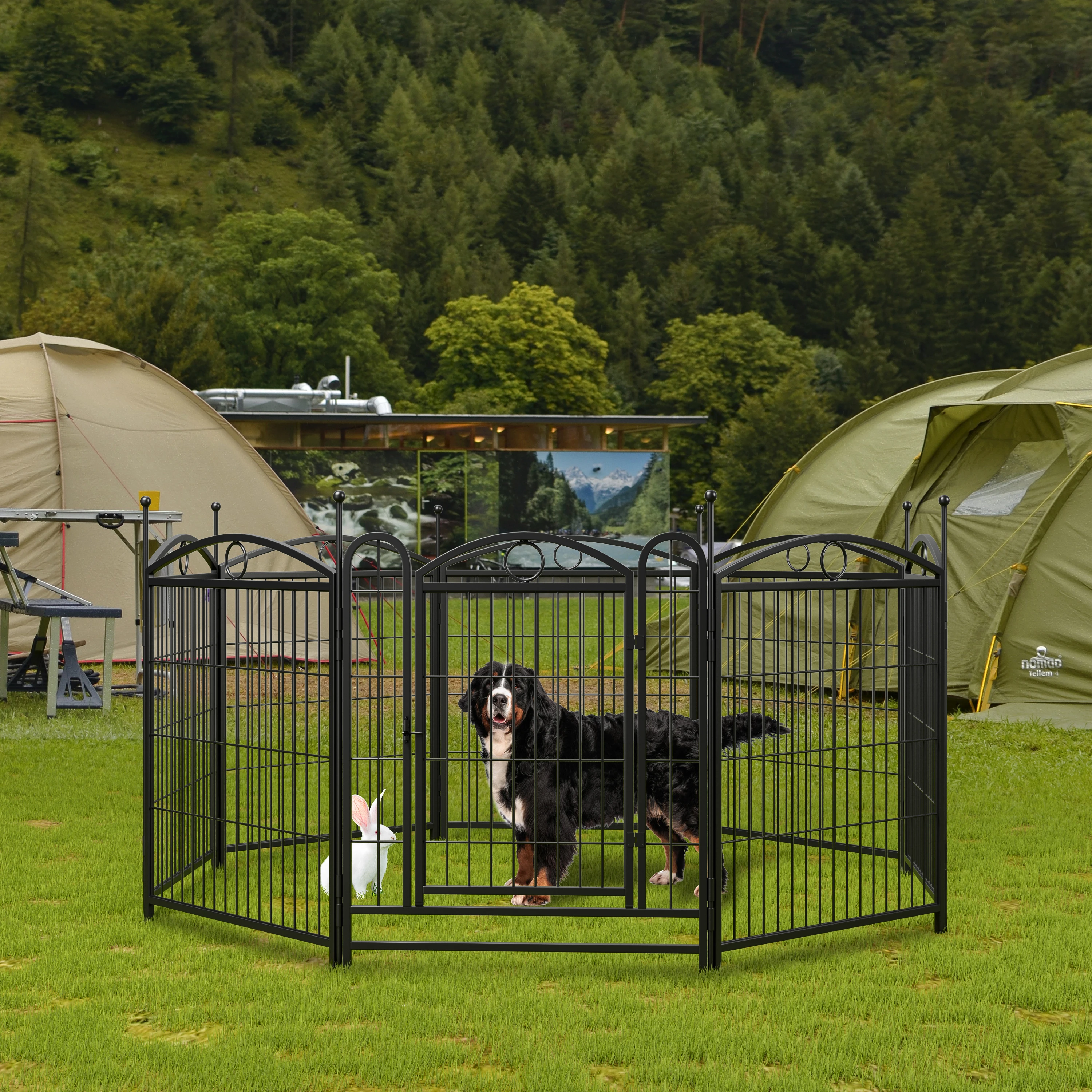 8 pieces metal dog fence pet dog fence outdoor exercise fence with gate,Suitable for large, medium and small dogs,Black