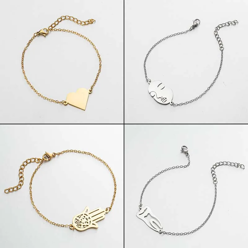 Classic Stainless Steel Heart Tooth Charm Bracelet Abstract Face Hand Jewelry Girls Trendy Hamsa Bracelets Wristband Accessories