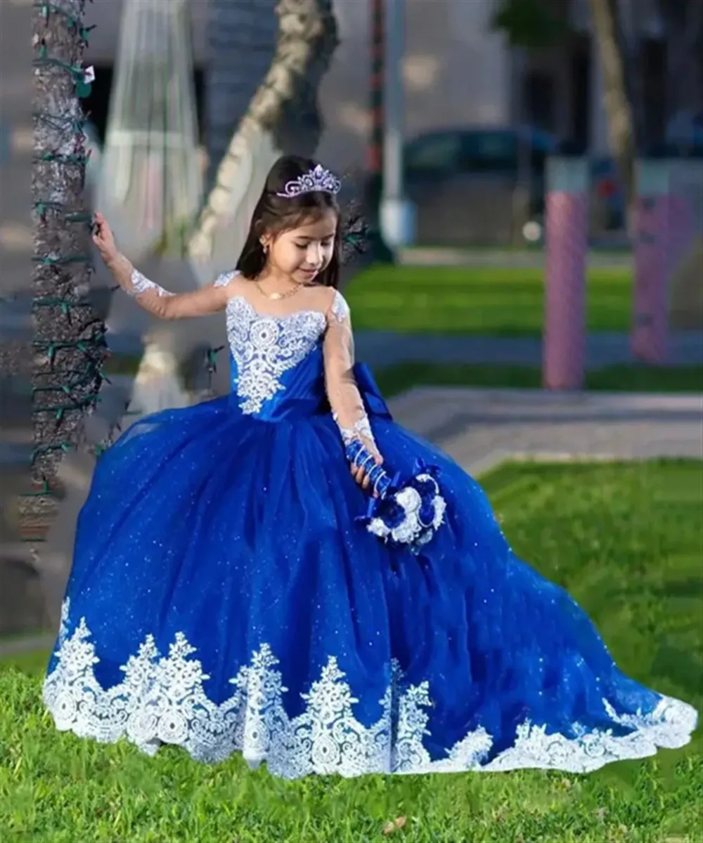 Vestido de menina de flor personalizado para casamento apliques rendas inchado mangas completas princesa pageant crianças aniversário primeira comunhão vestido